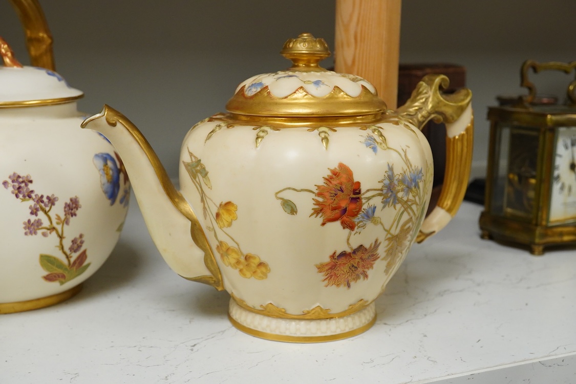 Four 19th century Worcester blush ivory teapots, with floral decoration and decorative handles, largest 20cm wide